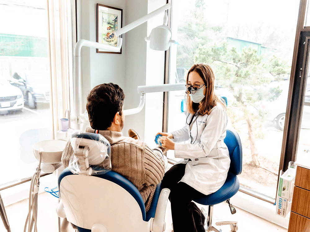 Dentist with the patient explaining cosmetic procedures.